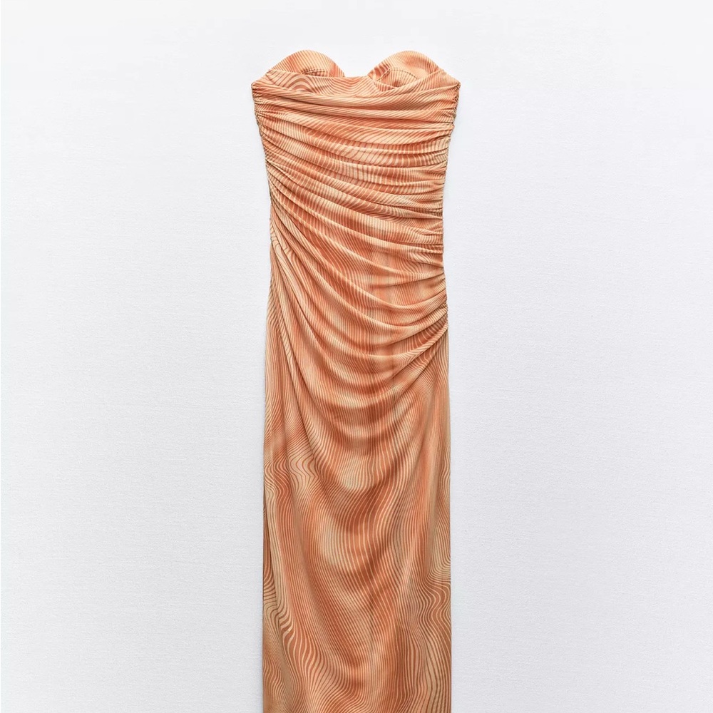 Zara Strapless Printed Tulle Orange Dress